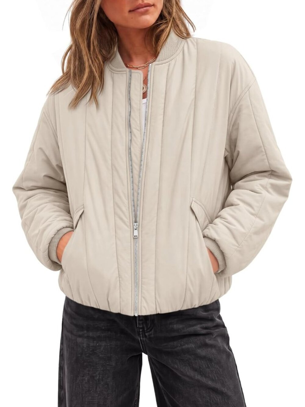 Womens Khaki Band Collar Long Sleeve Zip Up Long Sleeve Baggy Fit Bomber Jacket